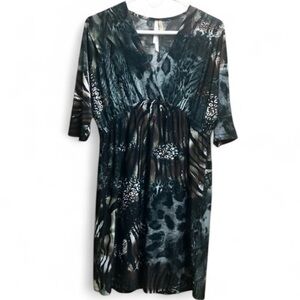 Cristinalove Gray Black Animal Print Tunic Dress V-Neck Dolman Sleeve Medium